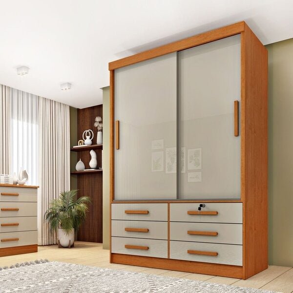 Guarda-Roupa Solteiro 2 Portas de Correr 6 Gavetas MDP Cinamomo Off White Chicago Litoriane