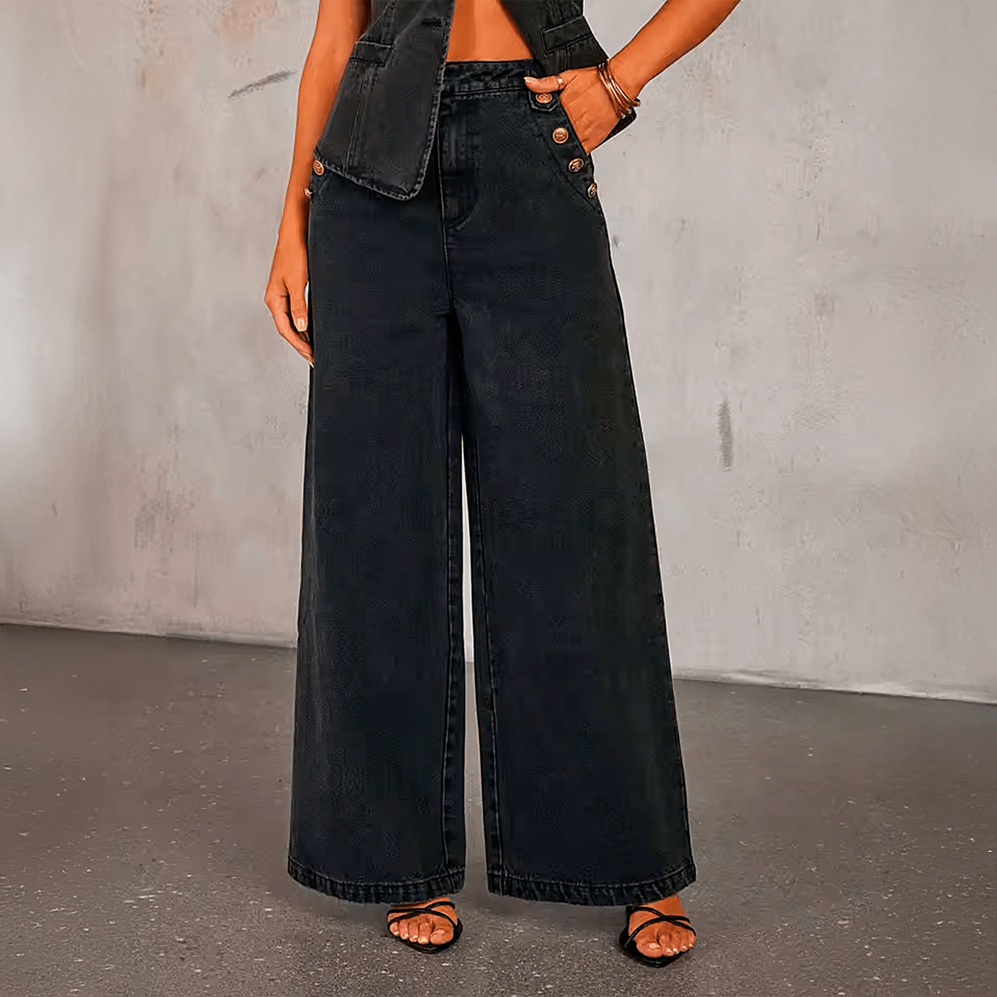 Calça Jeans Pantalona Nautique Litoriane - Cintura Média, Wide Leg, Botões Decorativos Frontais - Calça Jeans Pantalona Nautique Litoriane