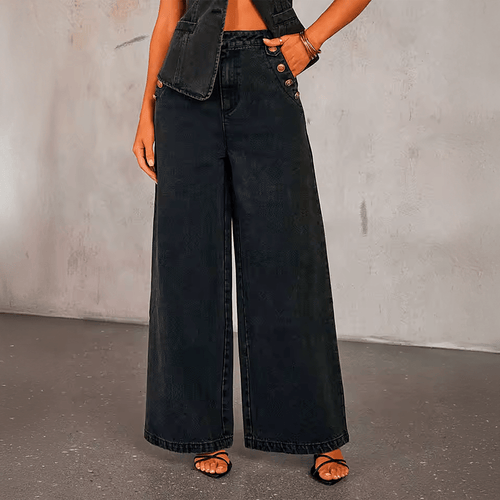 Calça Jeans Pantalona Nautique Litoriane - Cintura Média, Wide Leg, Botões Decorativos Frontais - Calça Jeans Pantalona Nautique Litoriane