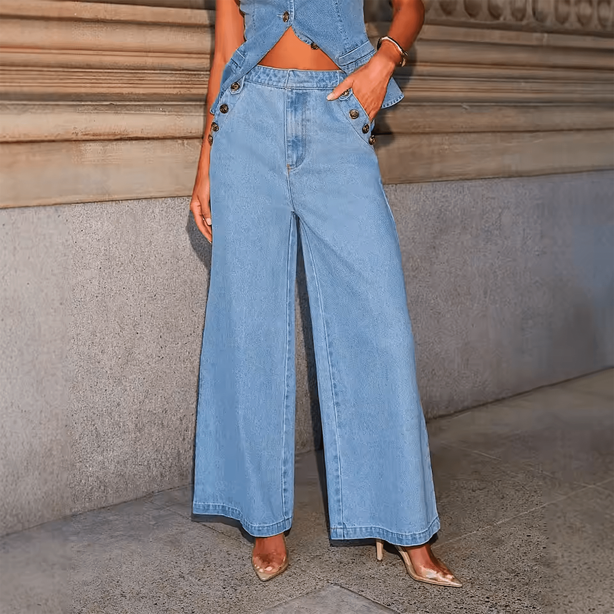 Calça Jeans Pantalona Nautique Litoriane - Cintura Média, Wide Leg, Botões Decorativos Frontais - Calça Jeans Pantalona Nautique Litoriane