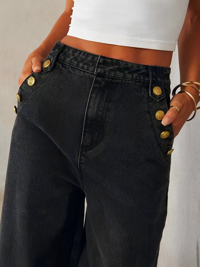 Calça Jeans Pantalona Nautique Litoriane - Cintura Média, Wide Leg, Botões Decorativos Frontais - Calça Jeans Pantalona Nautique Litoriane