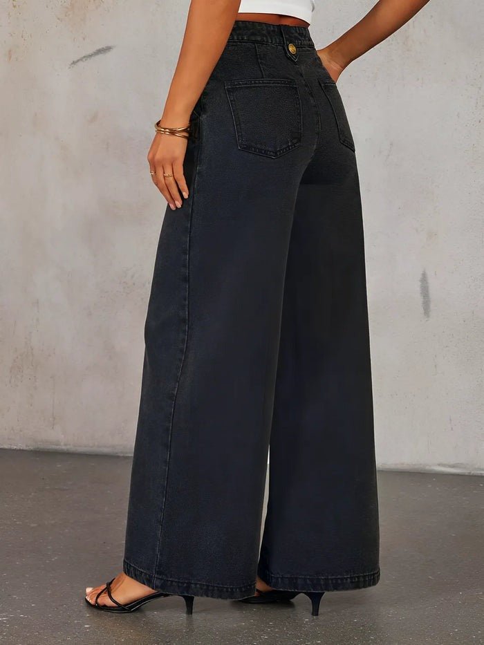 Calça Jeans Pantalona Nautique Litoriane - Cintura Média, Wide Leg, Botões Decorativos Frontais - Calça Jeans Pantalona Nautique Litoriane