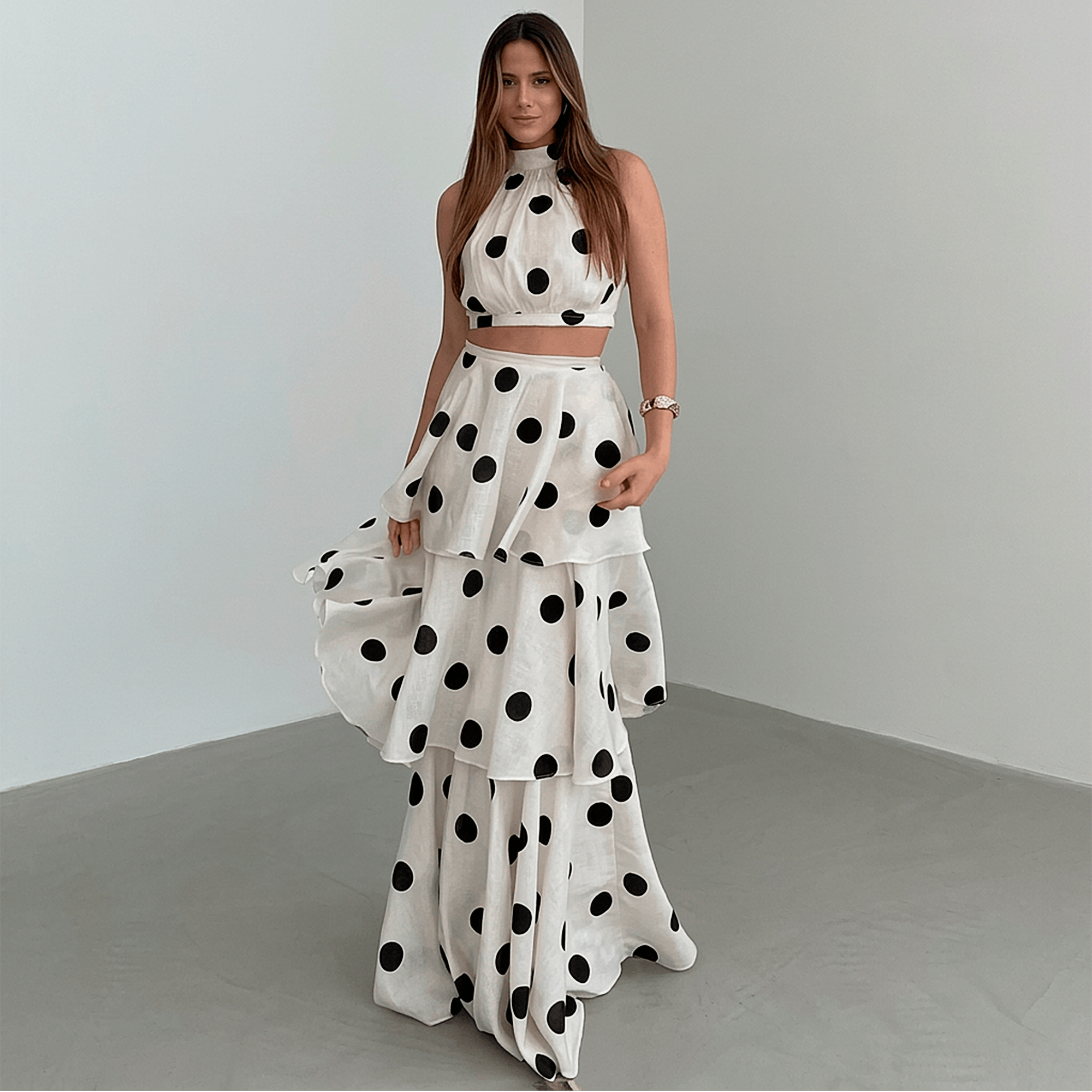 Conjunto Belle Riviera Litoriane - Chiffon Leve, Top Halter, Saia Longa em Camadas com Babados - Conjunto Belle Riviera Litoriane