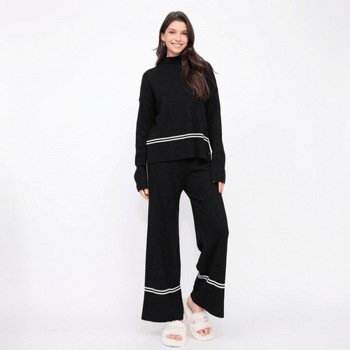 Conjunto de Tricô Feminino Noir Line Litoriane - Suéter Mullet Gola Alta + Calça Cintura Alta - Conjunto de Tricô Feminino Noir Line Litoriane