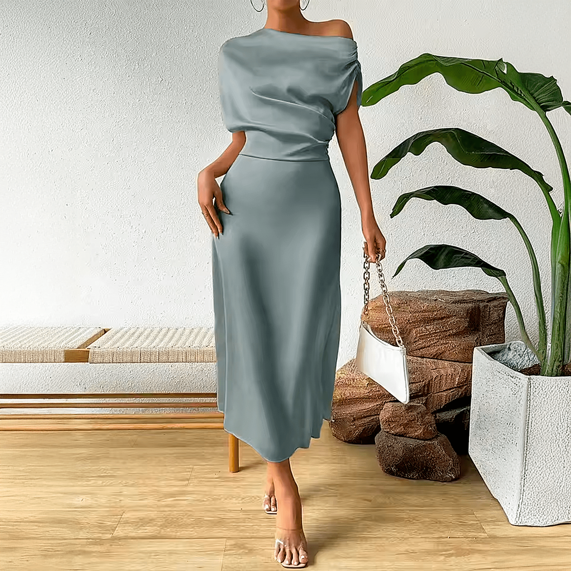 Vestido Acetinado Bruma Litoriane - Modelagem Acinturada, Toque Sedoso, Manga Curta Fluida - Vestido Acetinado Bruma Litoriane
