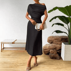 Vestido Acetinado Bruma Litoriane - Modelagem Acinturada, Toque Sedoso, Manga Curta Fluida - Vestido Acetinado Bruma Litoriane