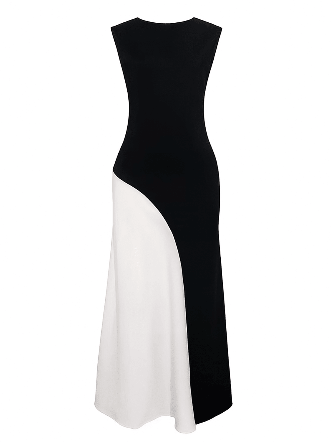 Vestido Longo Bicolor Meridian Litoriane - Recorte Diagonal Preto & Branco, Sem Mangas - Vestido Longo Bicolor Meridian Litoriane