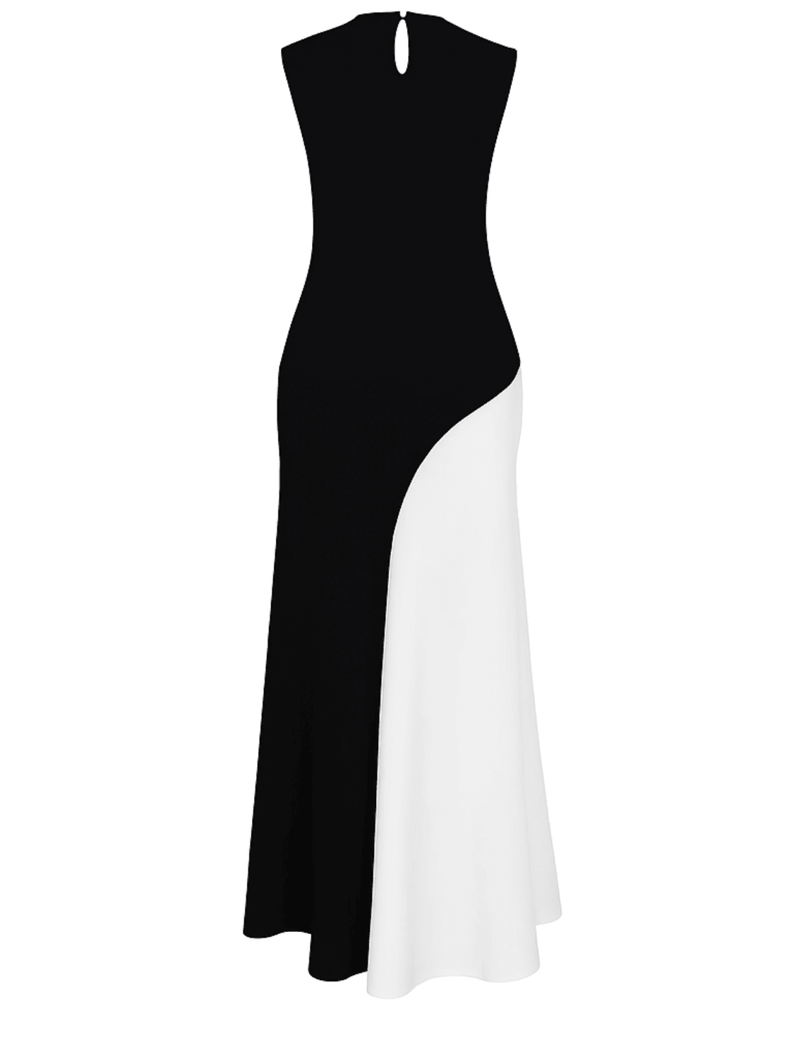 Vestido Longo Bicolor Meridian Litoriane - Recorte Diagonal Preto & Branco, Sem Mangas - Vestido Longo Bicolor Meridian Litoriane