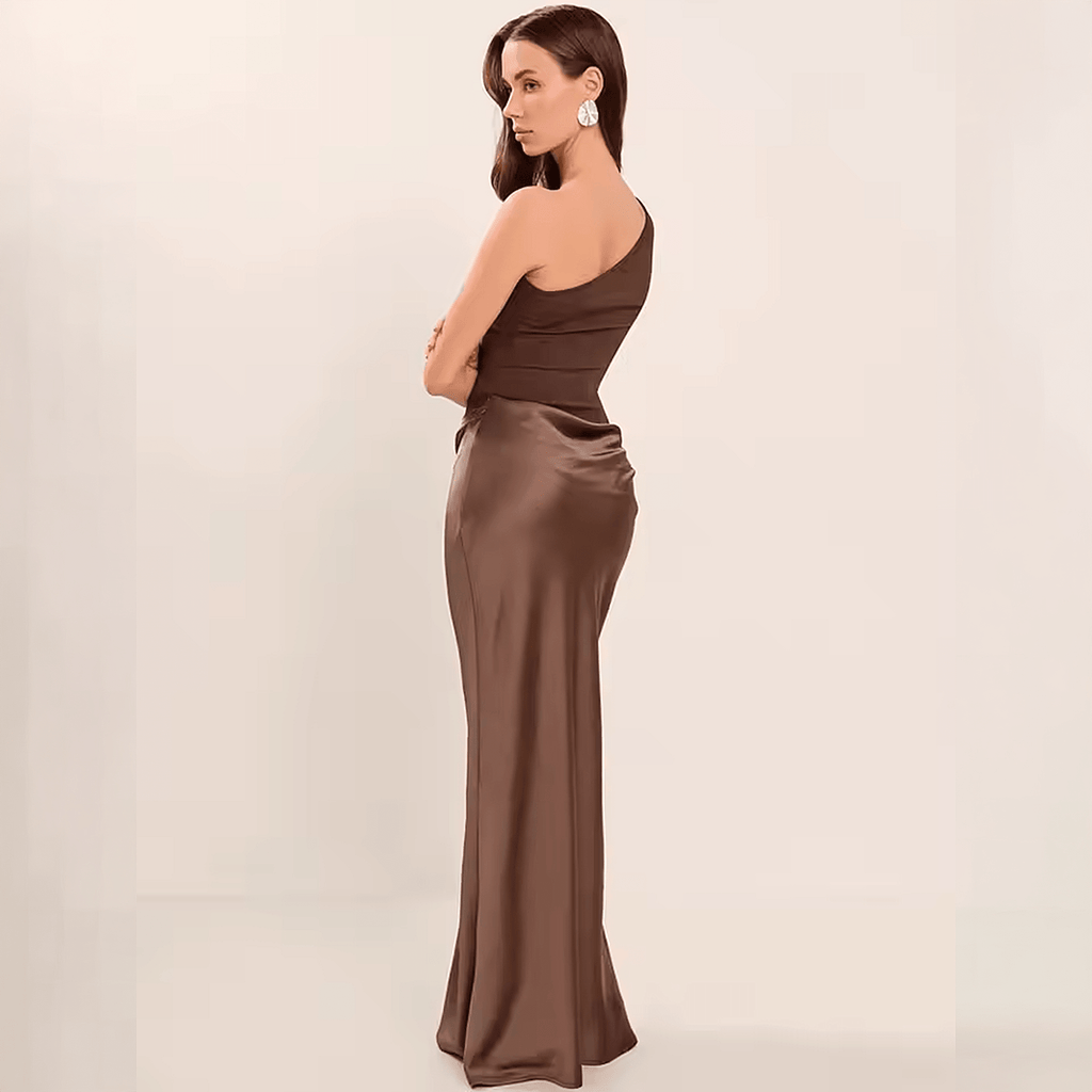Vestido Longo Oblique Muse Litoriane - Ombro Único, Decote Diagonal, Cintura Império - Vestido Longo Oblique Muse Litoriane