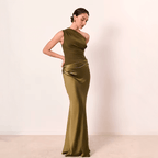 Vestido Longo Oblique Muse Litoriane - Ombro Único, Decote Diagonal, Cintura Império - Vestido Longo Oblique Muse Litoriane