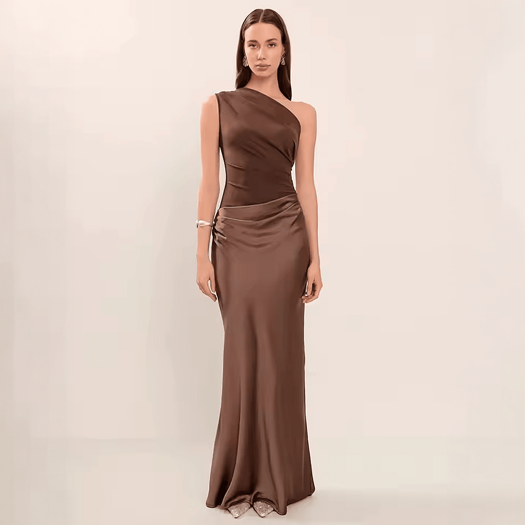 Vestido Longo Oblique Muse Litoriane - Ombro Único, Decote Diagonal, Cintura Império - Vestido Longo Oblique Muse Litoriane