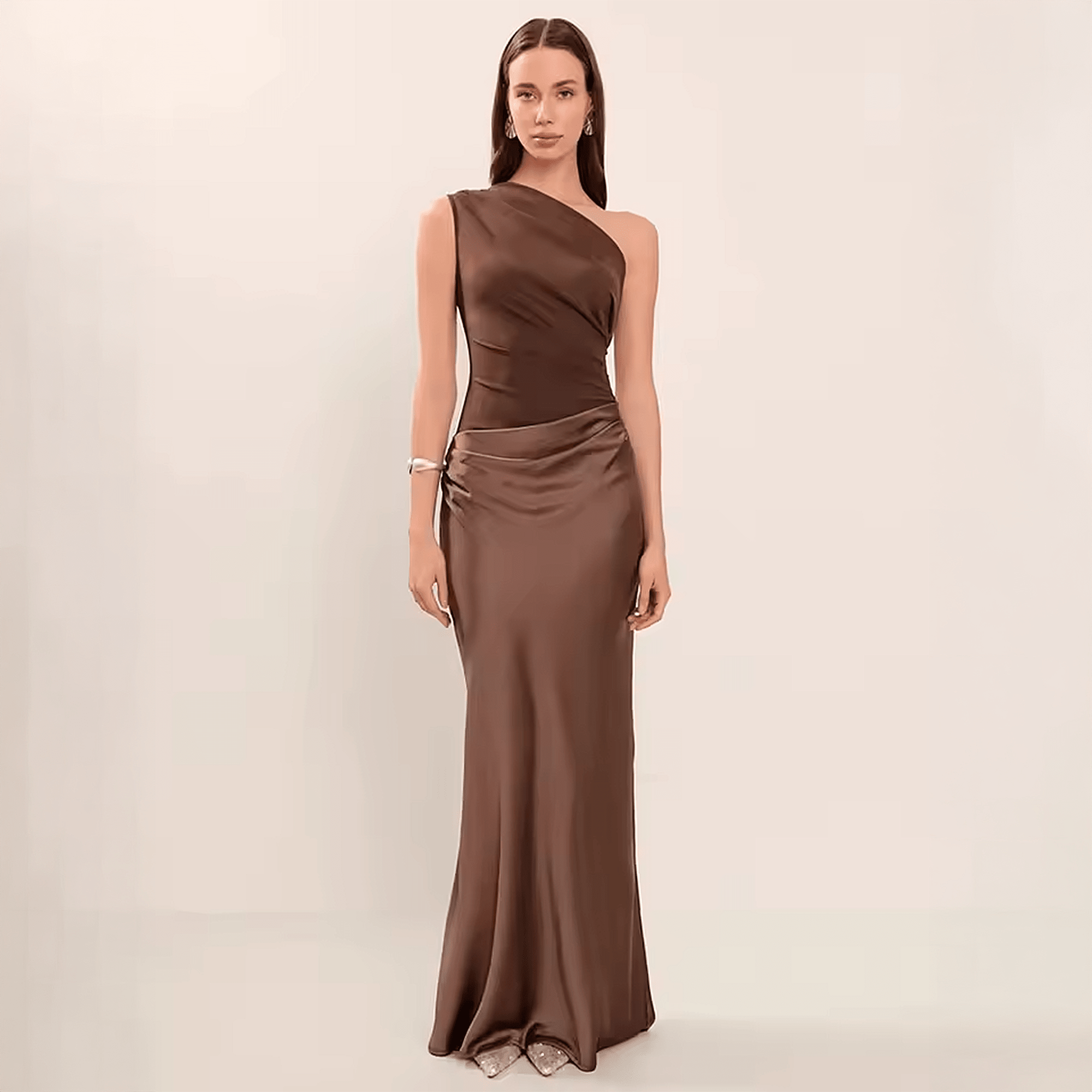 Vestido Longo Oblique Muse Litoriane - Ombro Único, Decote Diagonal, Cintura Império - Vestido Longo Oblique Muse Litoriane