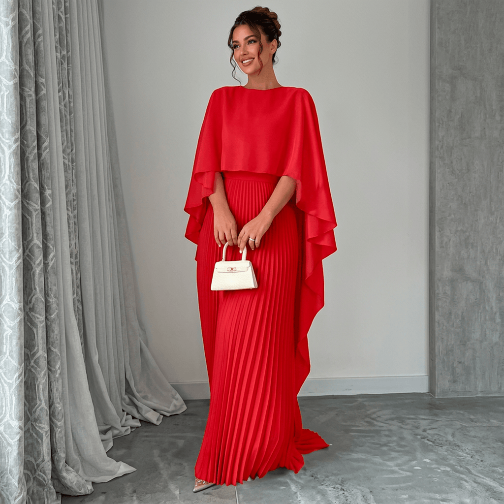 Vestido Longo Opera Plissé Litoriane - Saia Plissada com Movimento, Capa Embutida Dramática - Vestido Longo Opera Plissé Litoriane