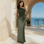 Vestido Longo Oblique Muse Litoriane - Ombro Único, Decote Diagonal, Cintura Império - Vestido Longo Oblique Muse Litoriane